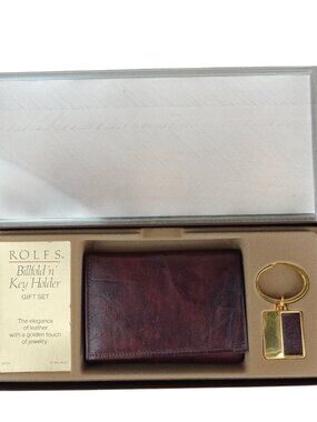 NEW Vintage Rolfs Leather Billfold & Key Holder Gift Set 1984 Wine Red
